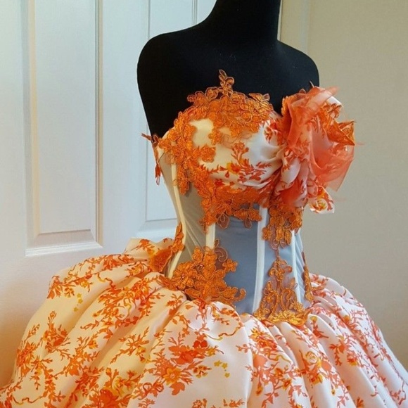 Ivory & Orange Silk Cherry Blossom Lace Ball Gown - Picture 7 of 8